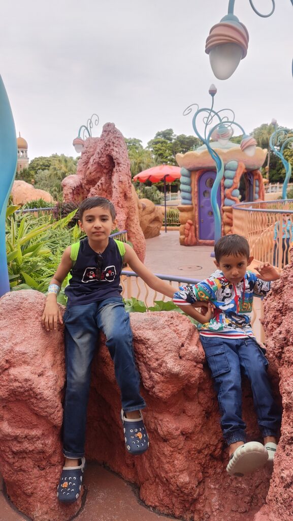 Vihaan and Mehaank posing together at a colorful theme park play area